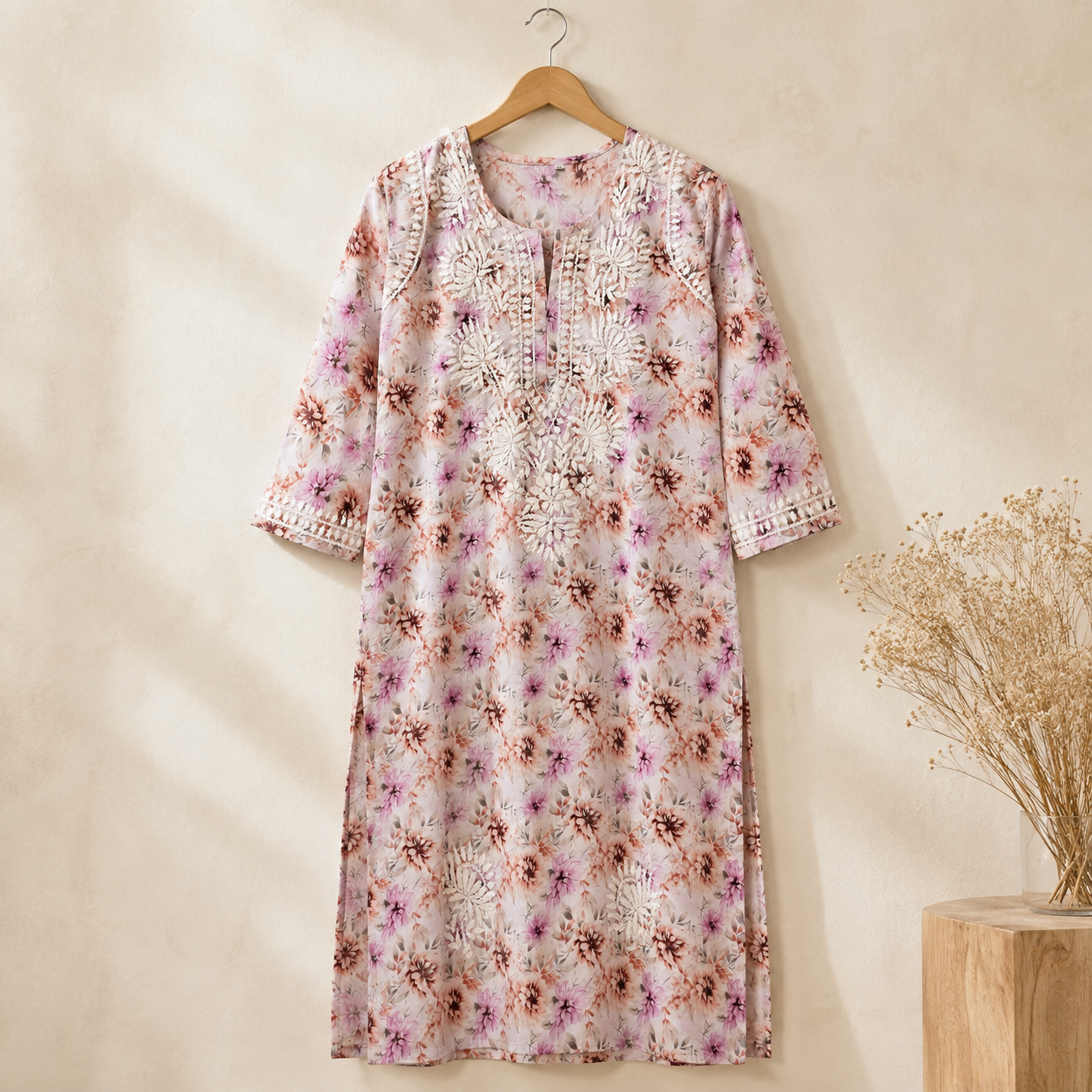 Mal Cotton Digital Print Chikankari Long Kurti