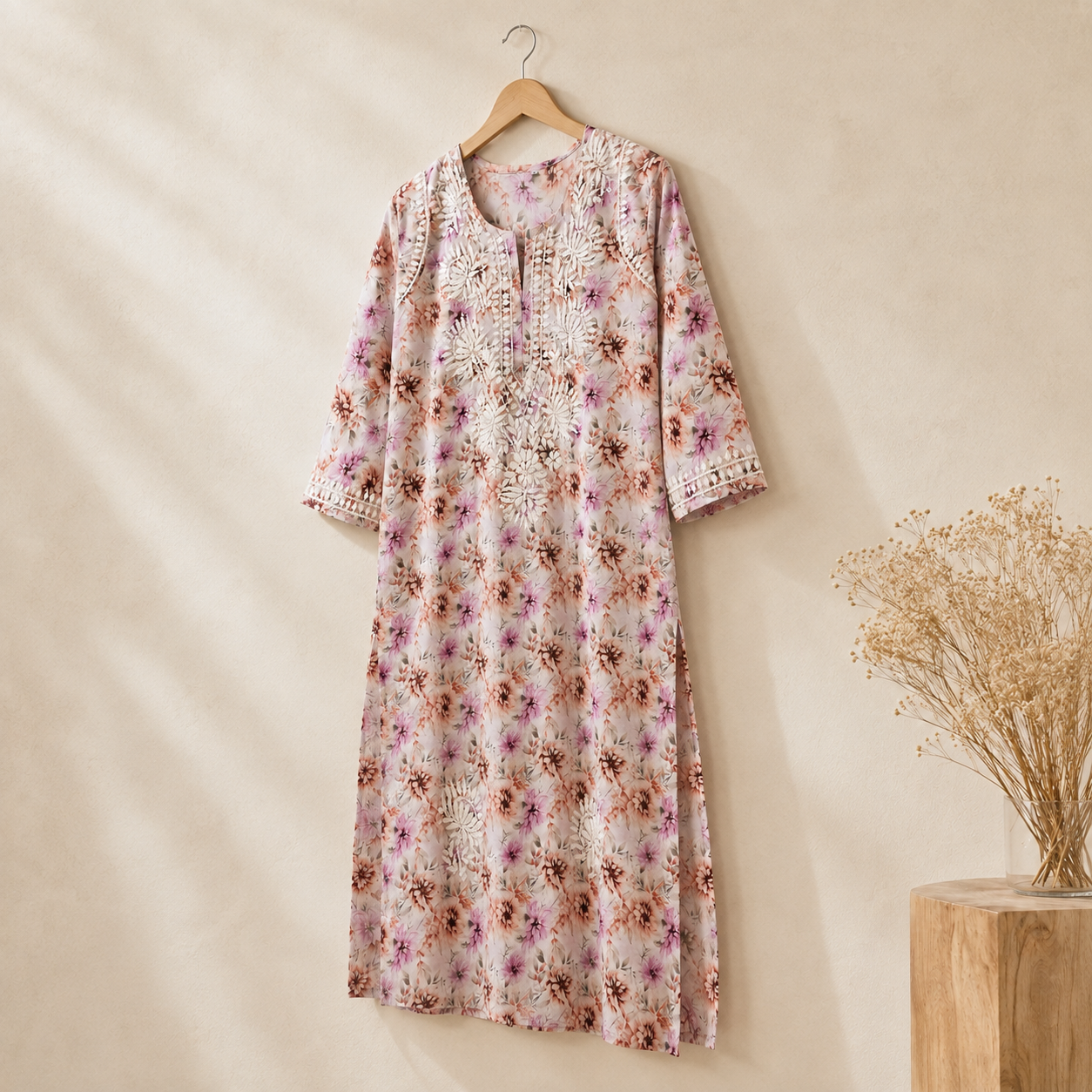 Mal Cotton Digital Print Chikankari Long Kurti