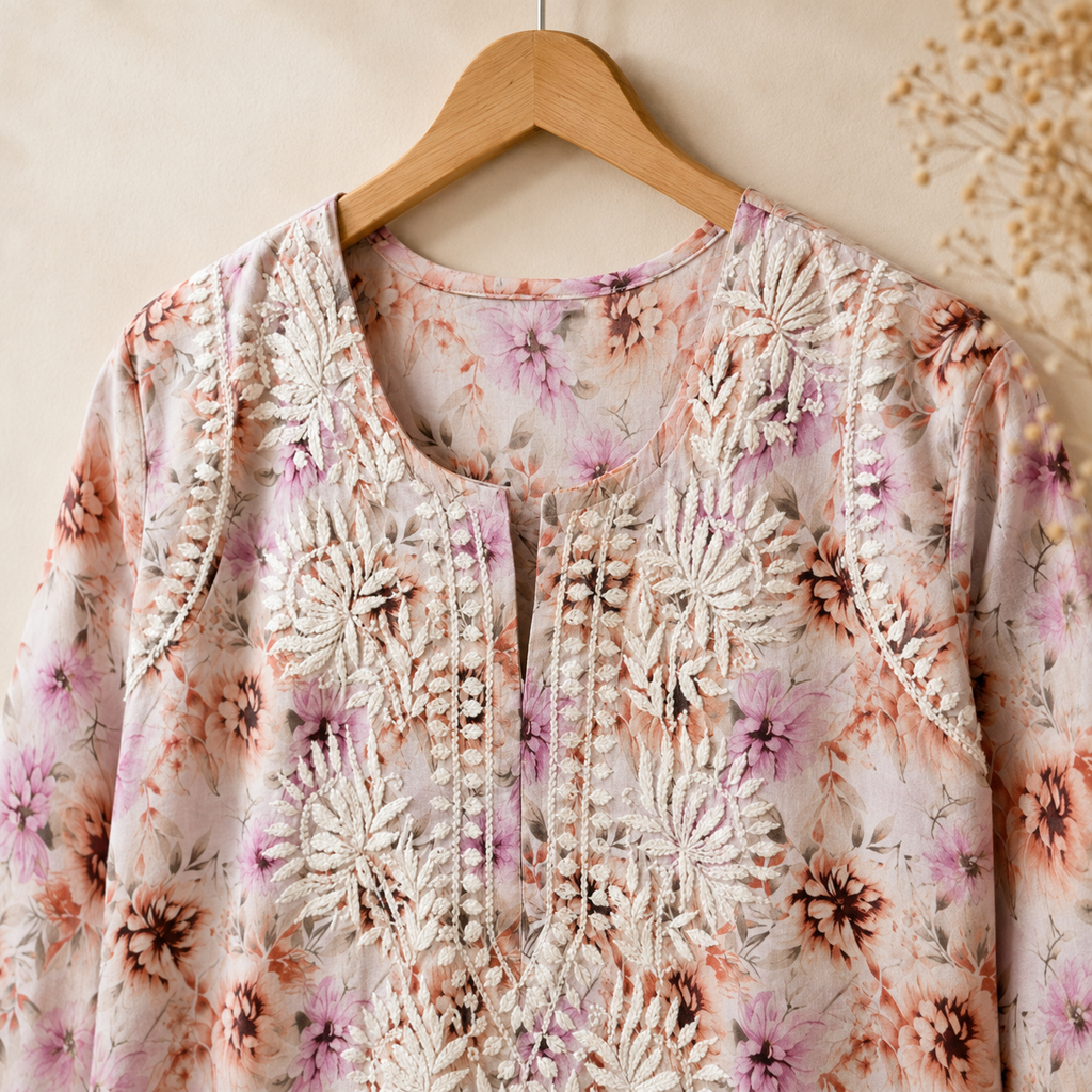Mal Cotton Digital Print Chikankari Long Kurti