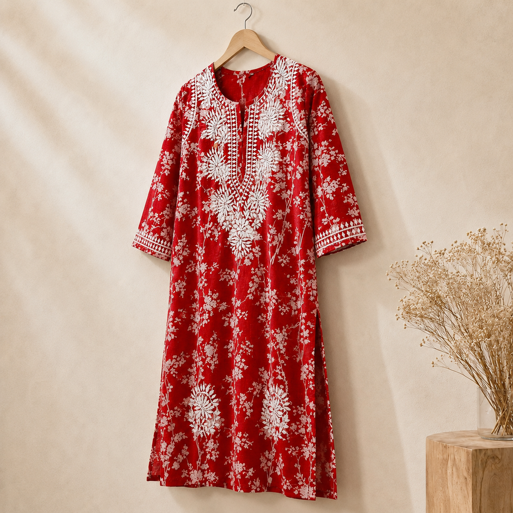 Mal Cotton Digital Print Chikankari Long Kurti