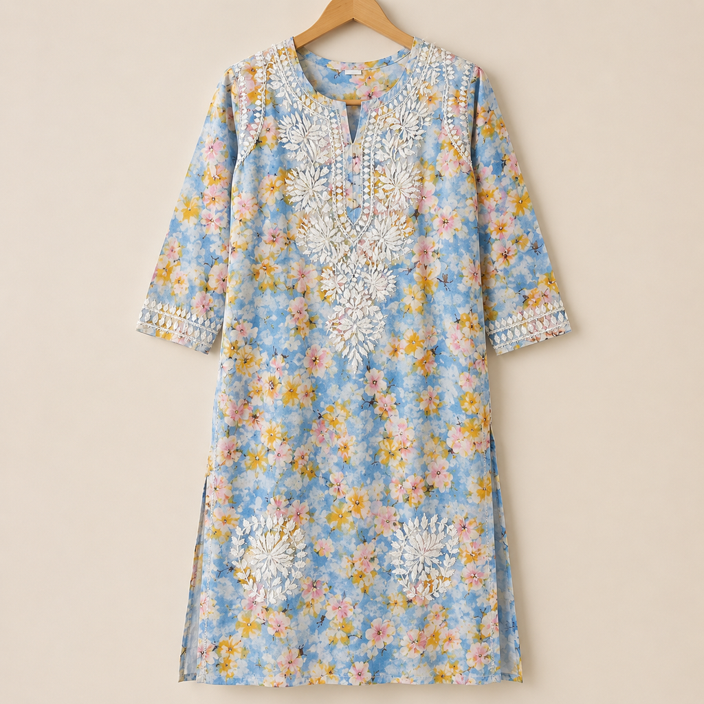 Mal Cotton Digital Print Chikankari Long Kurti