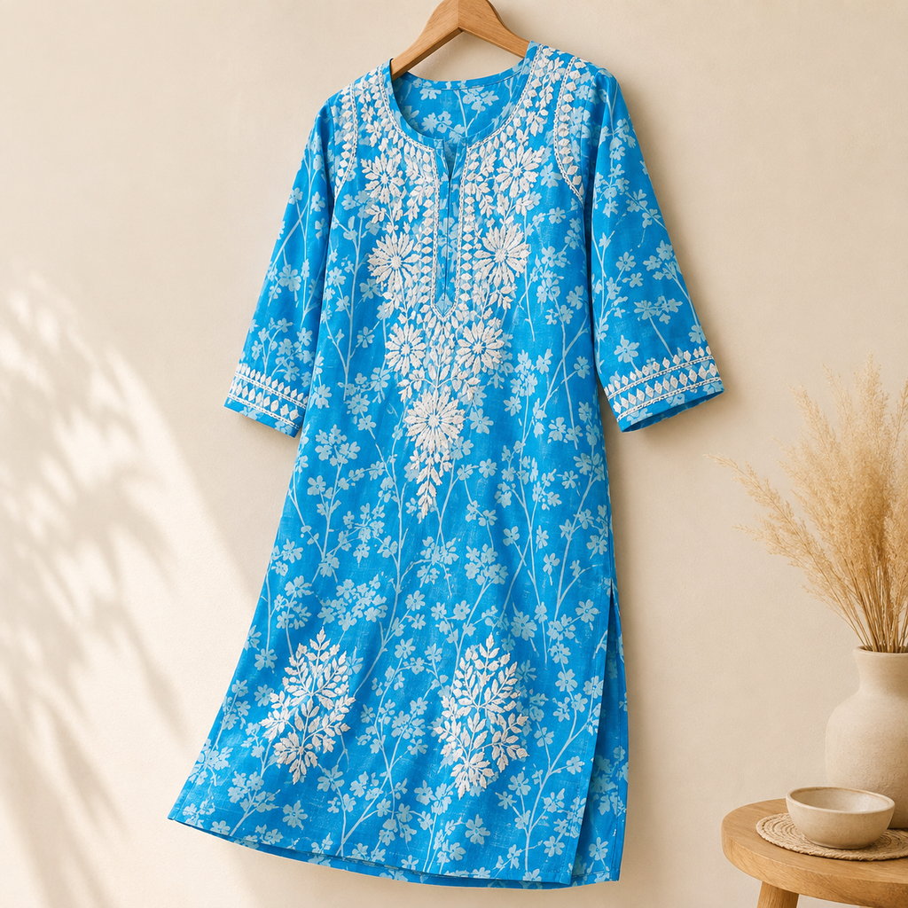 Mal Cotton Digital Print Chikankari Long Kurti