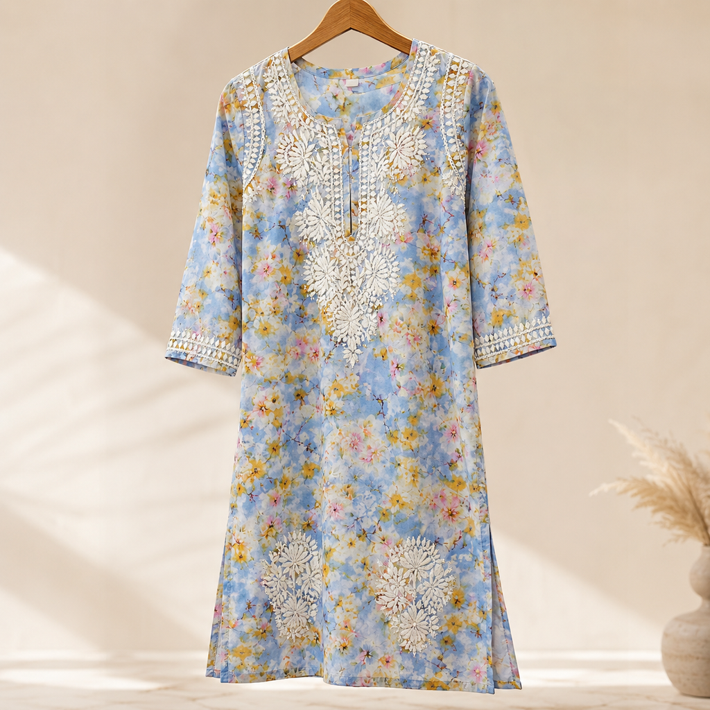 Mal Cotton Digital Print Chikankari Long Kurti