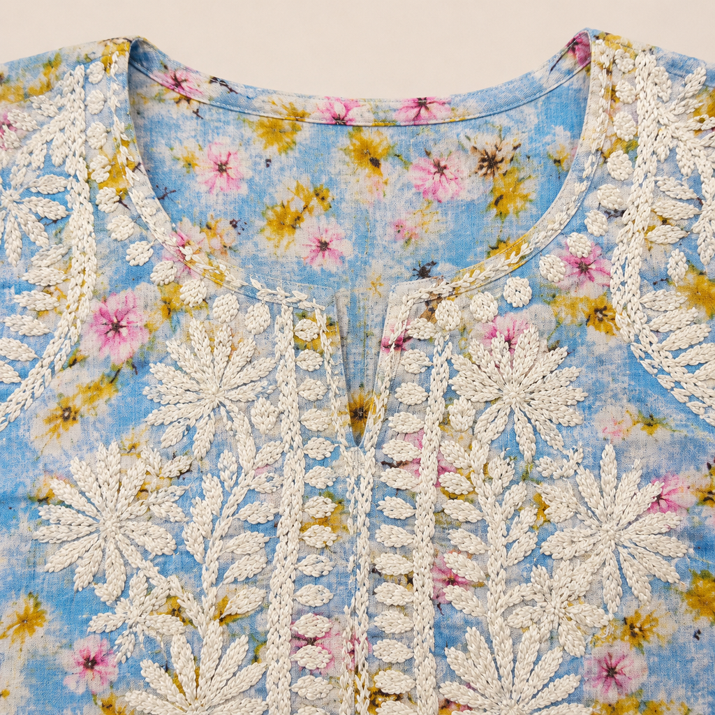 Mal Cotton Digital Print Chikankari Long Kurti