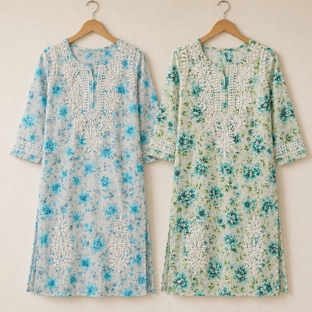 Mal Cotton Digital print Chikankari Long Kurta