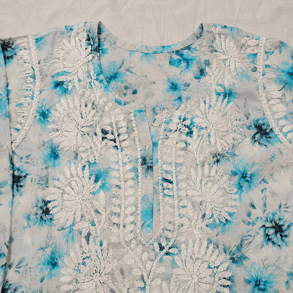 Mal Cotton Digital print Chikankari Long Kurta