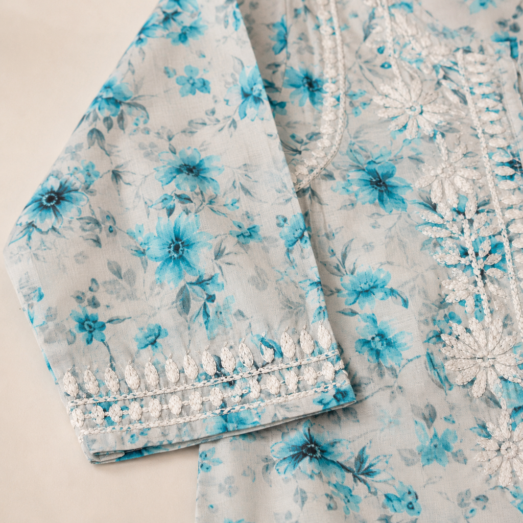 Mal Cotton Digital print Chikankari Long Kurta
