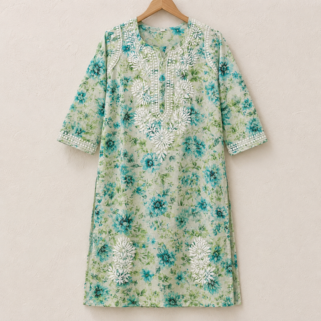 Mal Cotton Digital print Chikankari Long Kurta