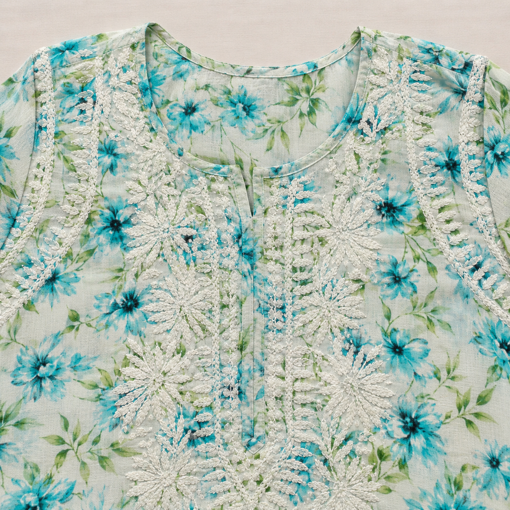Mal Cotton Digital print Chikankari Long Kurta
