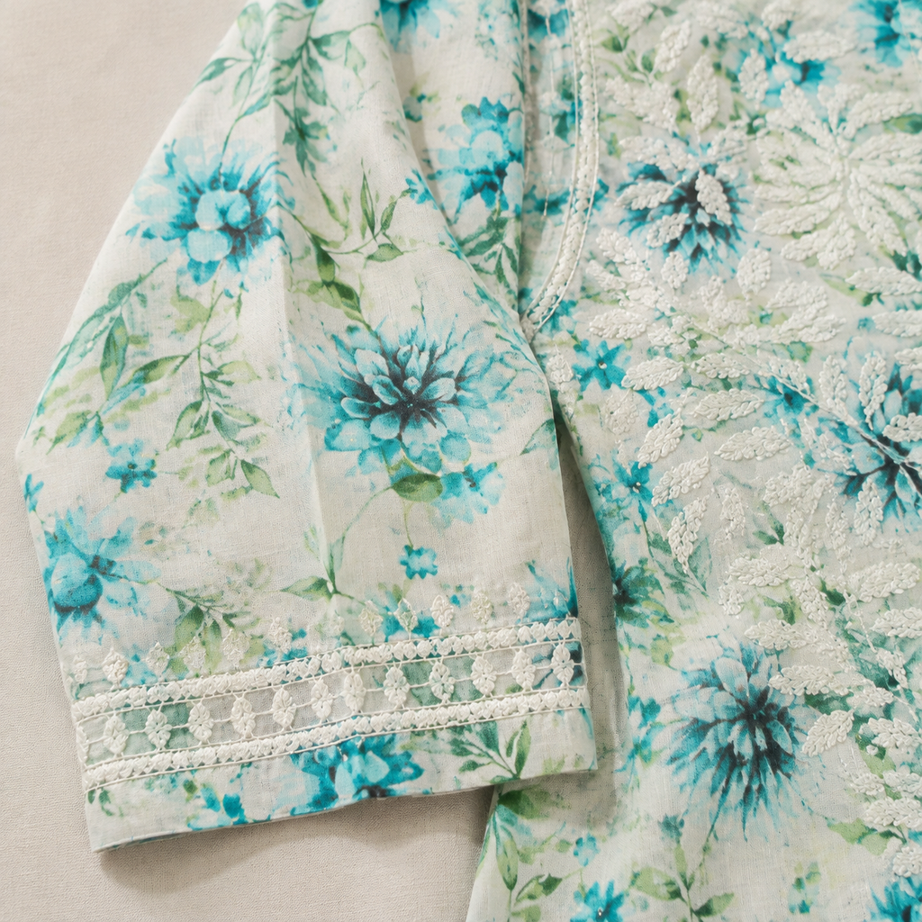 Mal Cotton Digital print Chikankari Long Kurta