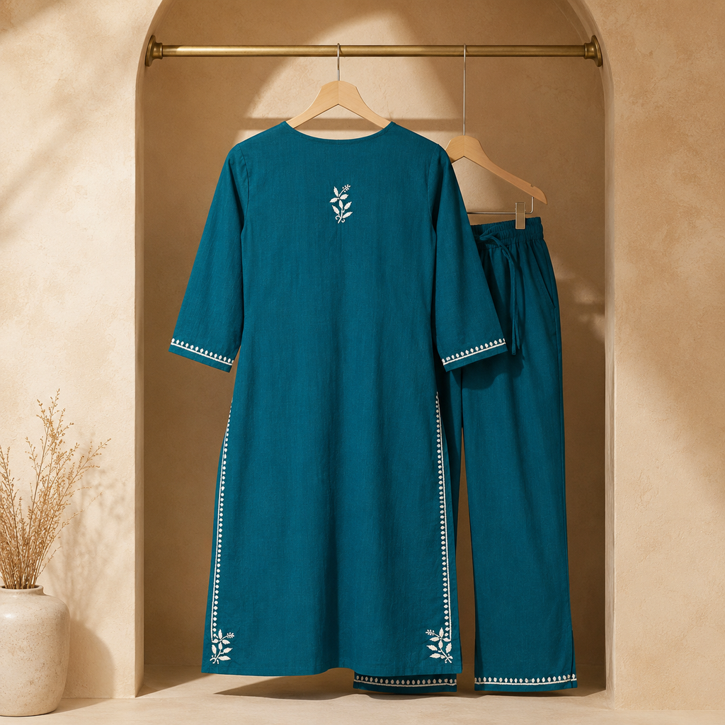 Heavy Rayon Long Chikan Palazzo Kurti Set