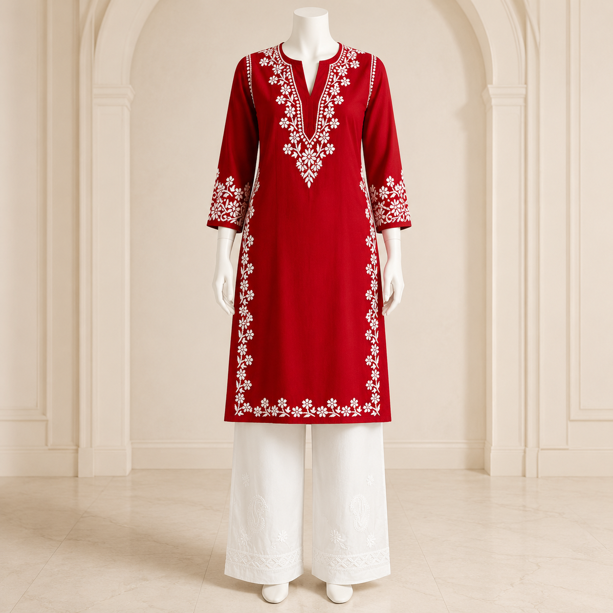 Heavy Rayon Maroon Chikankari Kurti
