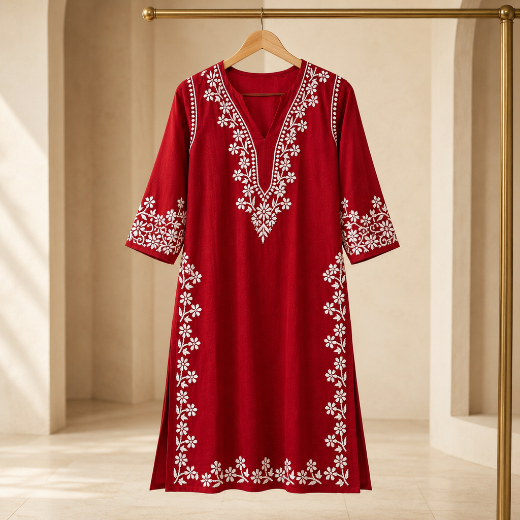 Heavy Rayon Maroon Chikankari Kurti