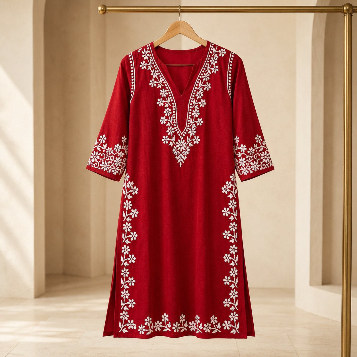 Heavy Rayon Maroon Chikankari Kurti