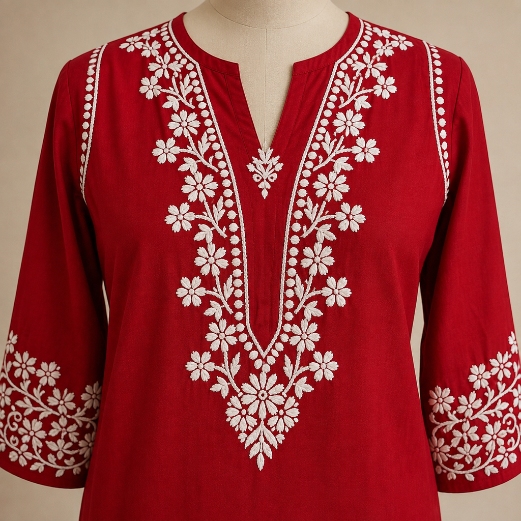 Heavy Rayon Maroon Chikankari Kurti