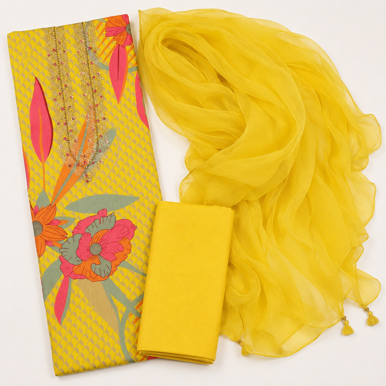 Cambric Mal Cotton Foil Print Designer Haldi Suit