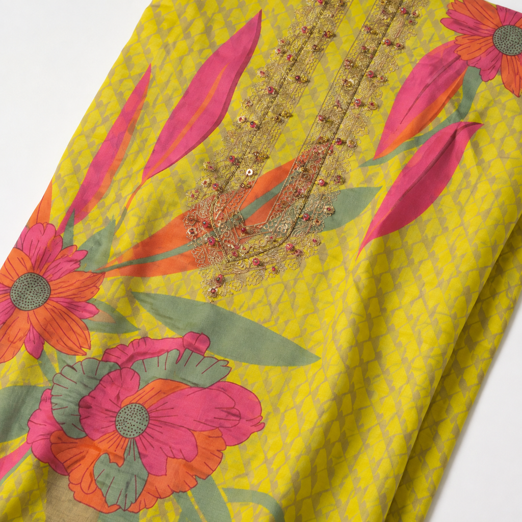 Cambric Mal Cotton Foil Print Designer Haldi Suit