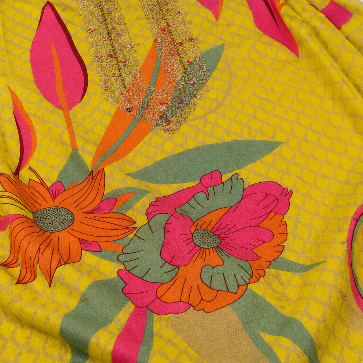 Cambric Mal Cotton Foil Print Designer Haldi Suit
