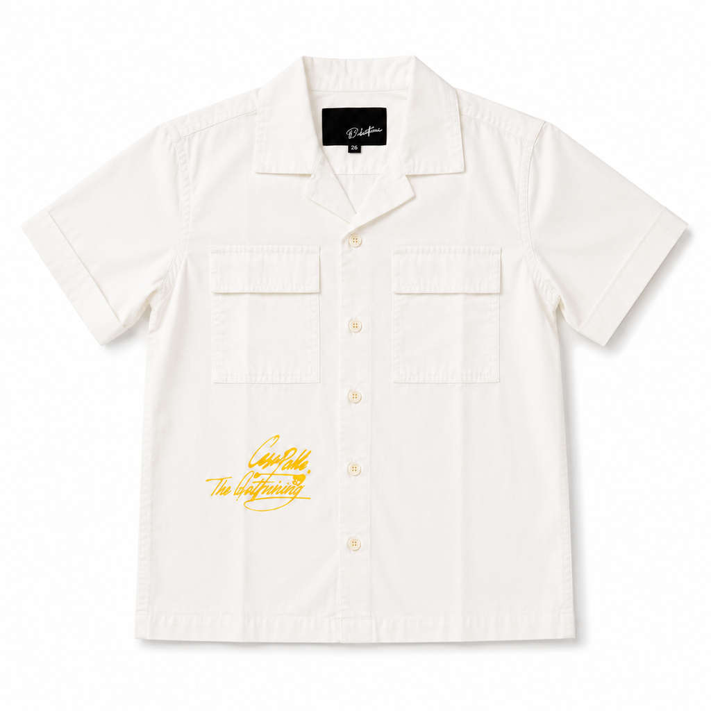 Boys’ White Short-Sleeve Casual Shirt with Dual Flap Pockets and Yellow Graphic Print
