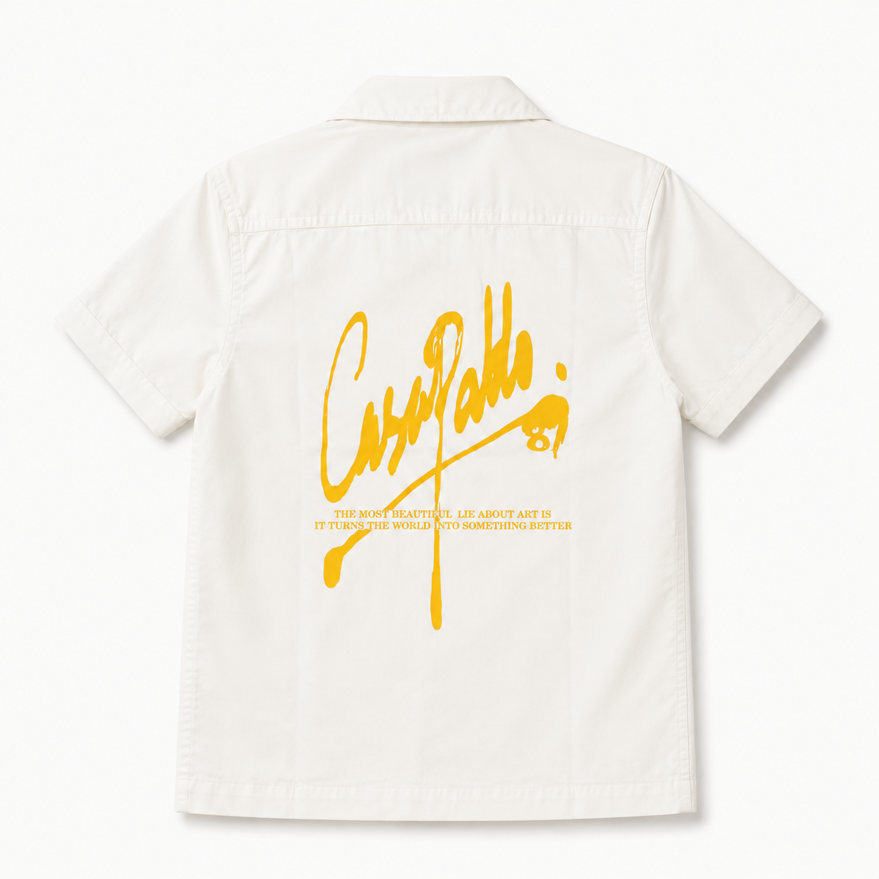 Boys’ White Short-Sleeve Casual Shirt with Dual Flap Pockets and Yellow Graphic Print