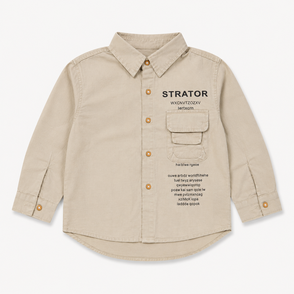 Boys’ Beige Full-Sleeve Casual Shirt with Printed Front Detail and Flap Pocket