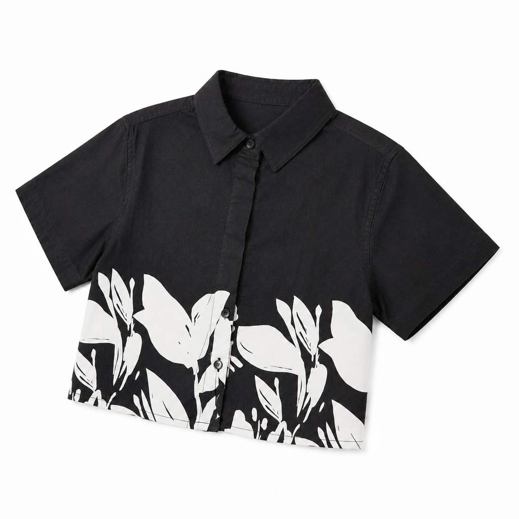 Girls’ Black and White Floral Co-Ord Set with Cropped Shirt and Wide-Leg Pants