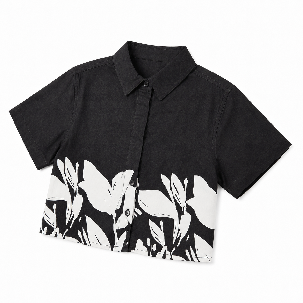 Girls’ Black and White Floral Co-Ord Set with Cropped Shirt and Wide-Leg Pants