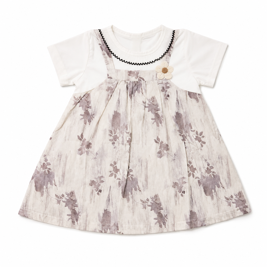 Baby Girls’ Cotton Floral Pinafore-Style Dress with White Short-Sleeve Top and Flower Appliqué