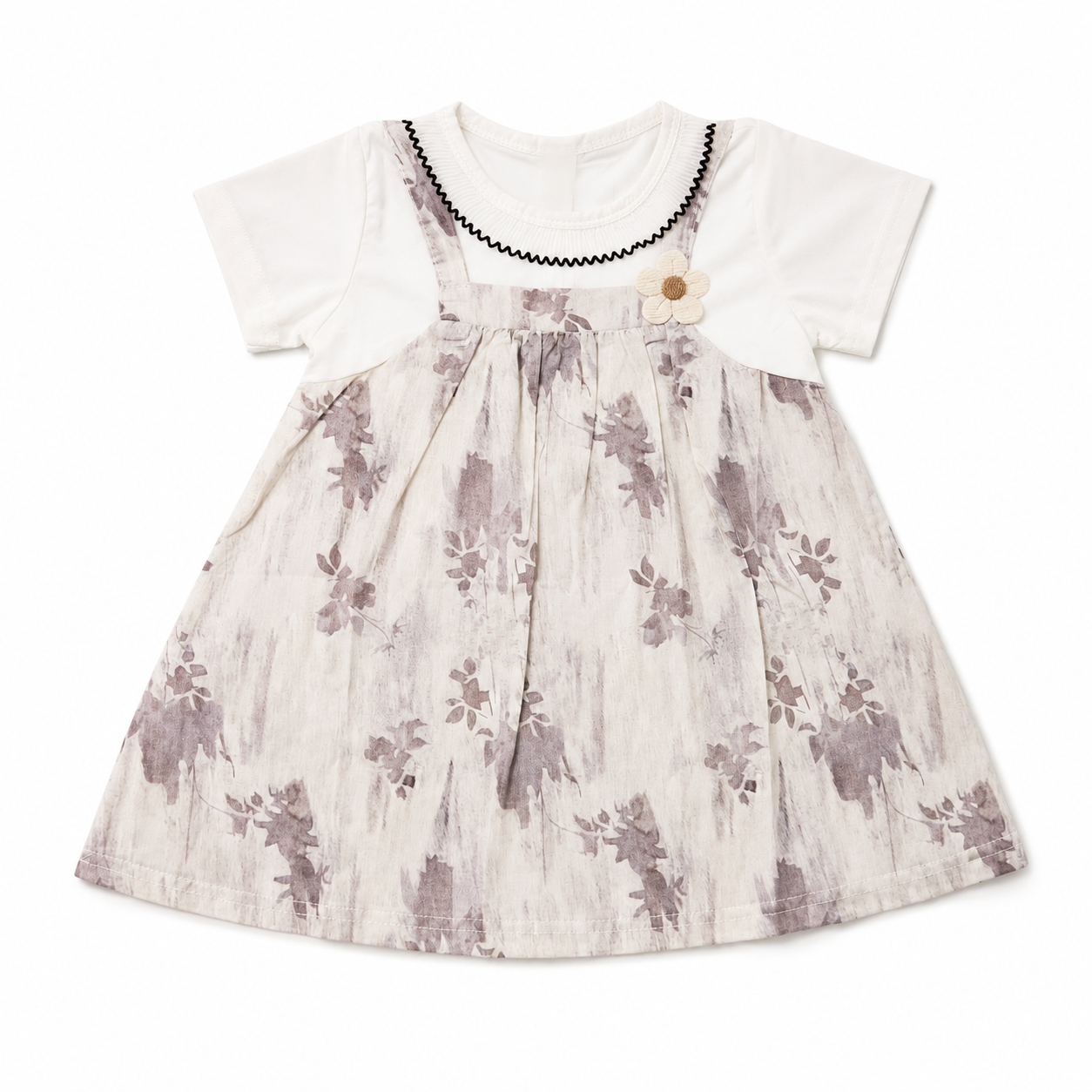 Baby Girls’ Cotton Floral Pinafore-Style Dress with White Short-Sleeve Top and Flower Appliqué