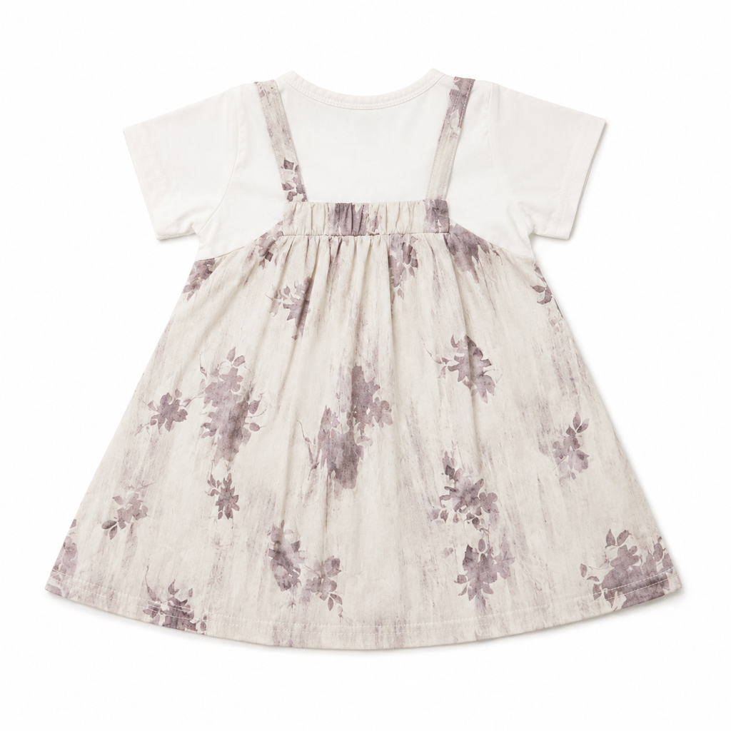 Baby Girls’ Cotton Floral Pinafore-Style Dress with White Short-Sleeve Top and Flower Appliqué
