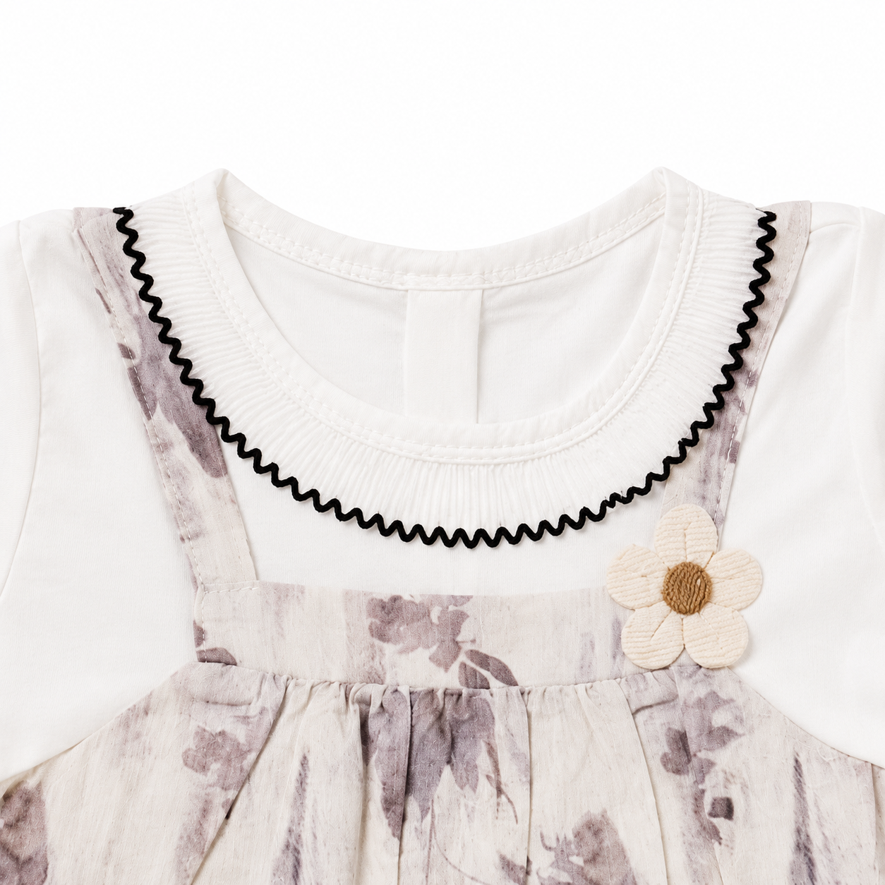 Baby Girls’ Cotton Floral Pinafore-Style Dress with White Short-Sleeve Top and Flower Appliqué