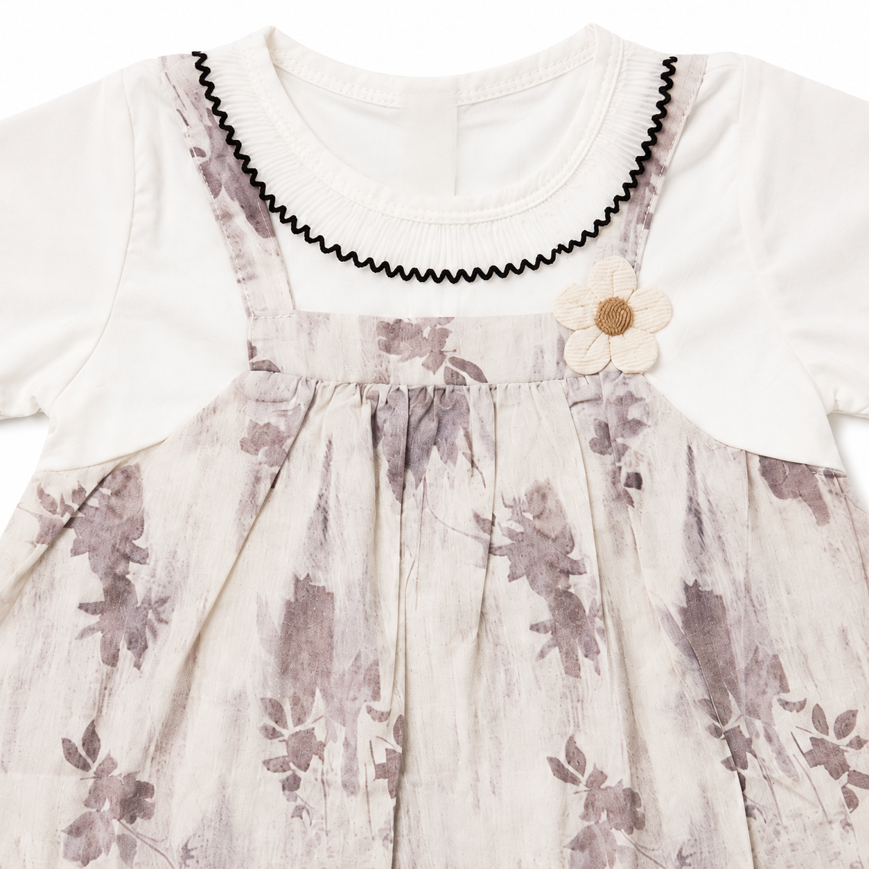 Baby Girls’ Cotton Floral Pinafore-Style Dress with White Short-Sleeve Top and Flower Appliqué