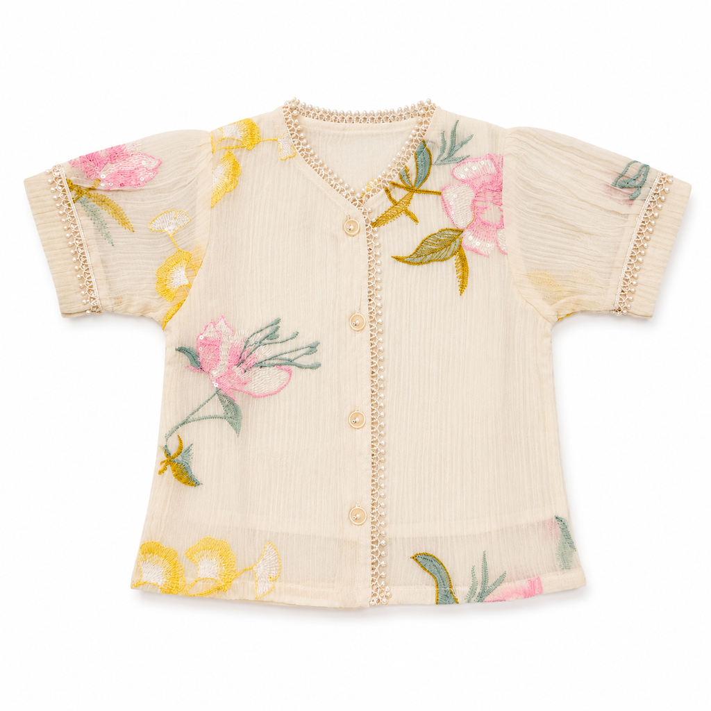 Girls’ Cream Floral Embroidered Short-Sleeve Party Wear Shirt with Lace Trim and Sequin Details