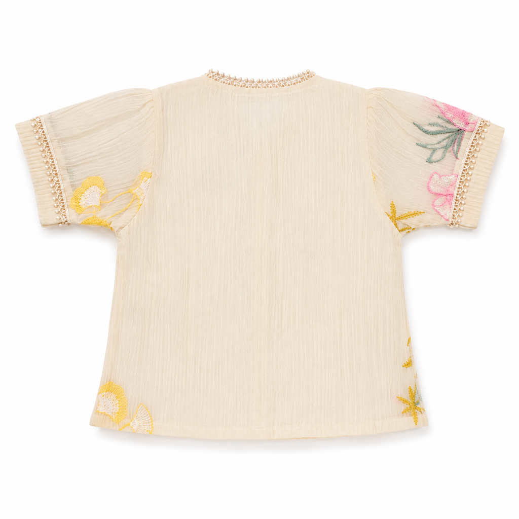 Girls’ Cream Floral Embroidered Short-Sleeve Party Wear Shirt with Lace Trim and Sequin Details