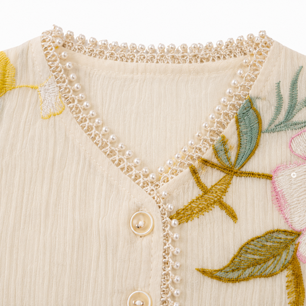 Girls’ Cream Floral Embroidered Short-Sleeve Party Wear Shirt with Lace Trim and Sequin Details