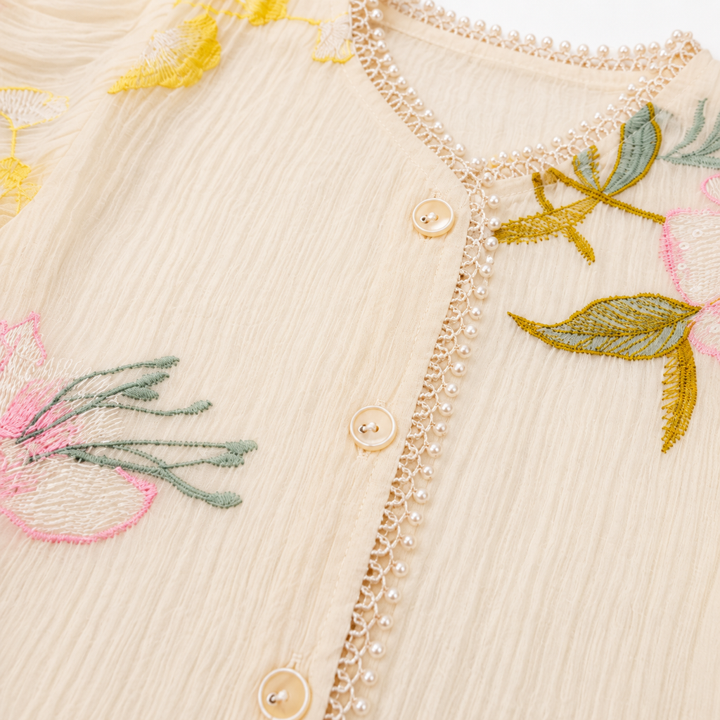 Girls’ Cream Floral Embroidered Short-Sleeve Party Wear Shirt with Lace Trim and Sequin Details