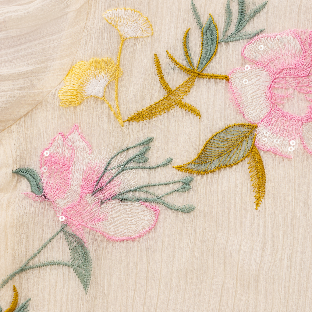 Girls’ Cream Floral Embroidered Short-Sleeve Party Wear Shirt with Lace Trim and Sequin Details