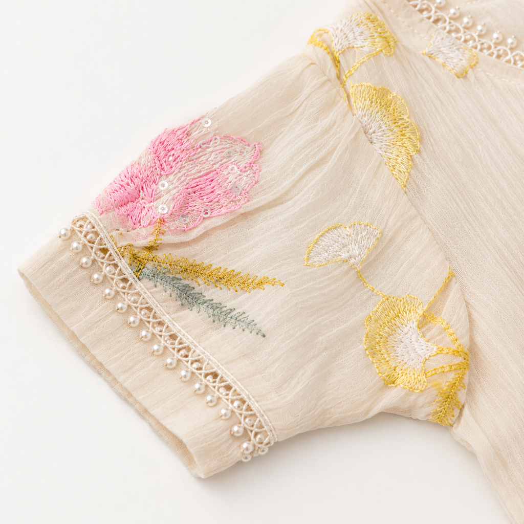 Girls’ Cream Floral Embroidered Short-Sleeve Party Wear Shirt with Lace Trim and Sequin Details