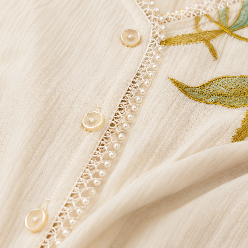 Girls’ Cream Floral Embroidered Short-Sleeve Party Wear Shirt with Lace Trim and Sequin Details