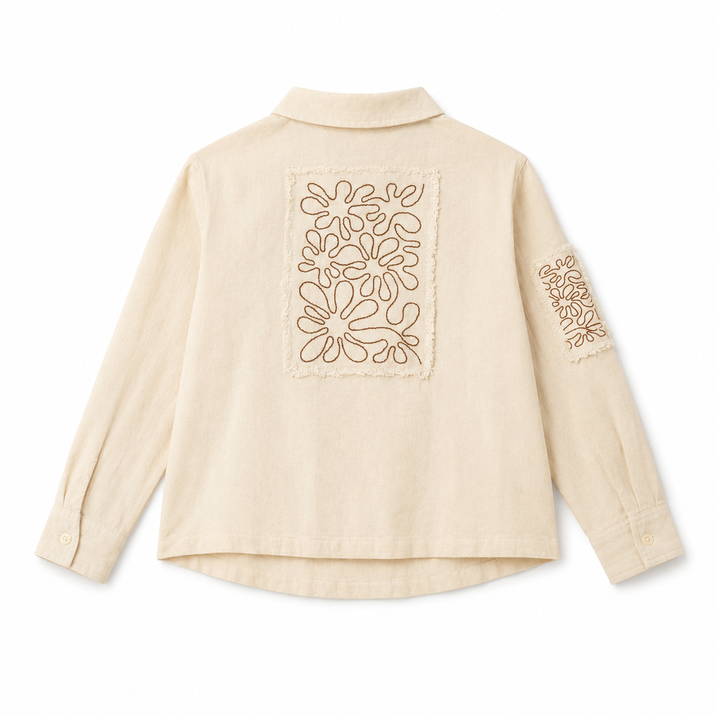 Girls’ Cream Full-Sleeve High-Low Shirt with Embroidered Sleeve Patch