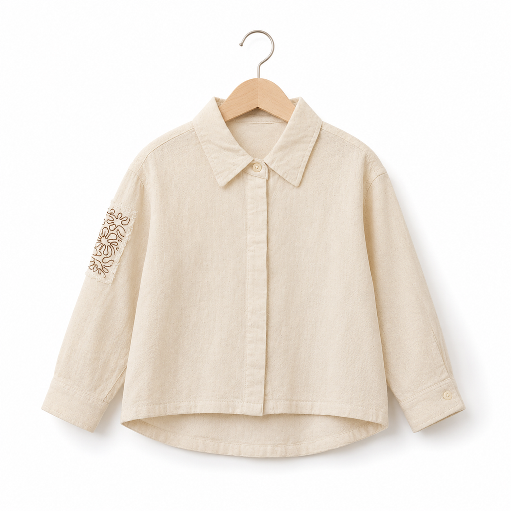 Girls’ Cream Full-Sleeve High-Low Shirt with Embroidered Sleeve Patch