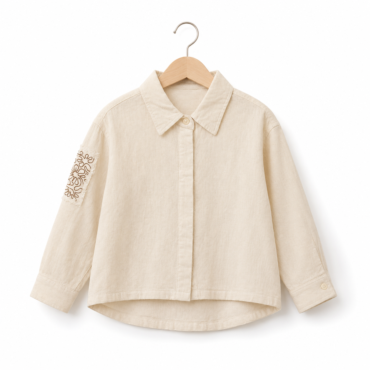 Girls’ Cream Full-Sleeve High-Low Shirt with Embroidered Sleeve Patch