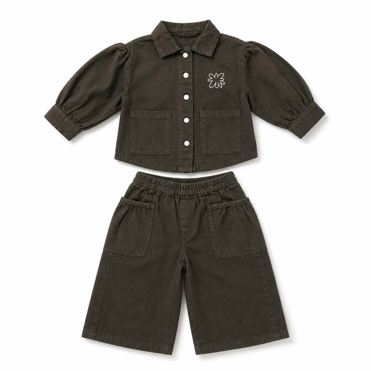Girls’ Dark Brown Co-Ord Set with Puff-Sleeve Button-Down Top and Knee-Length Shorts