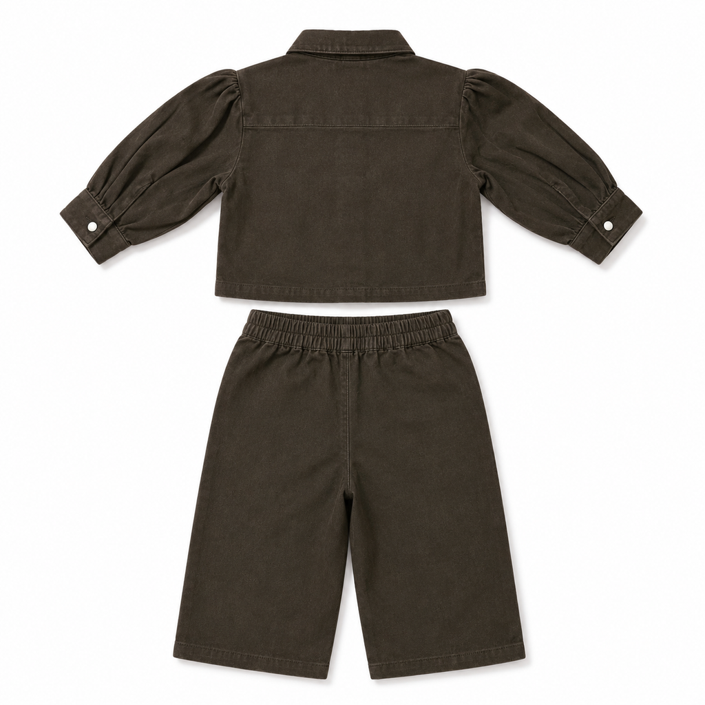 Girls’ Dark Brown Co-Ord Set with Puff-Sleeve Button-Down Top and Knee-Length Shorts