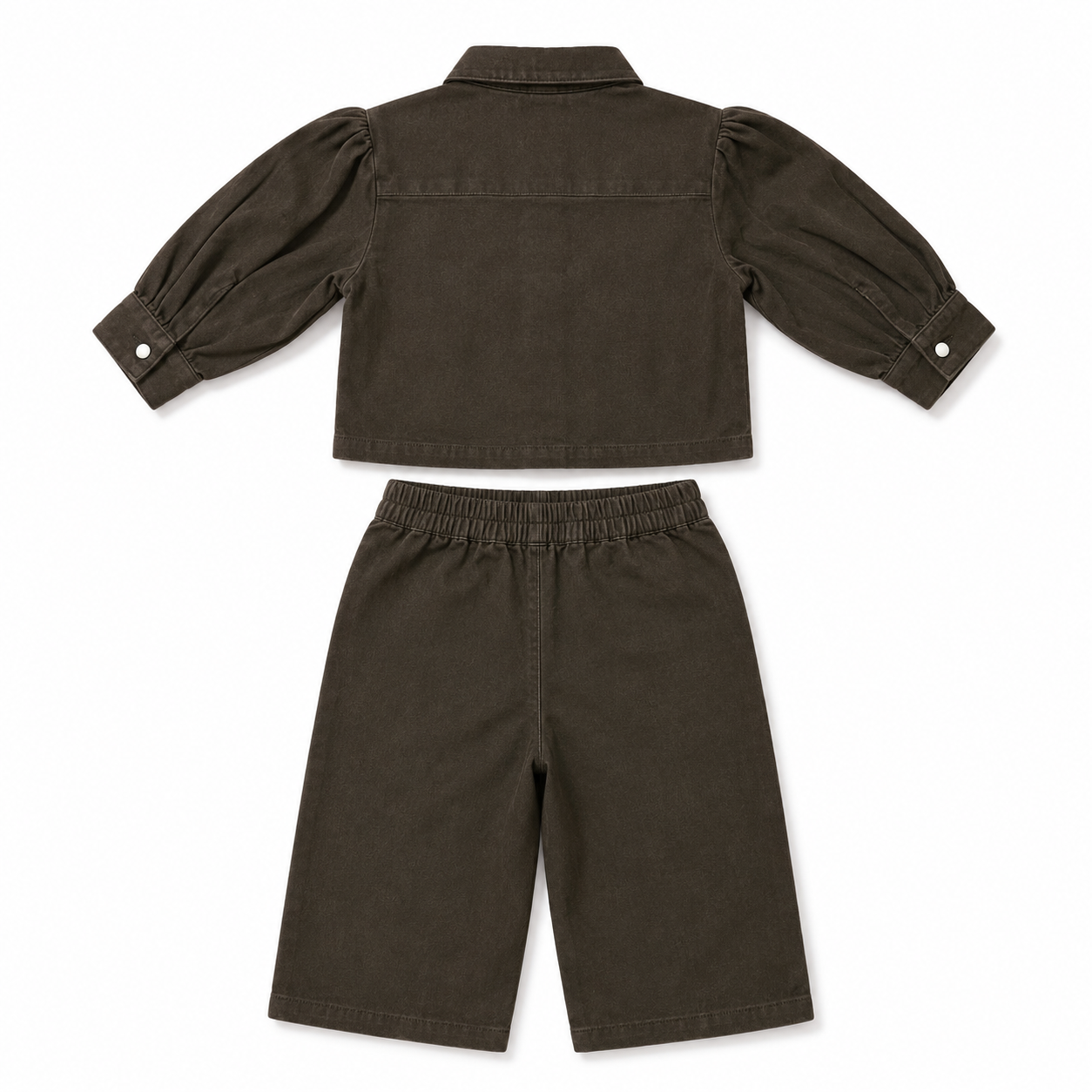 Girls’ Dark Brown Co-Ord Set with Puff-Sleeve Button-Down Top and Knee-Length Shorts