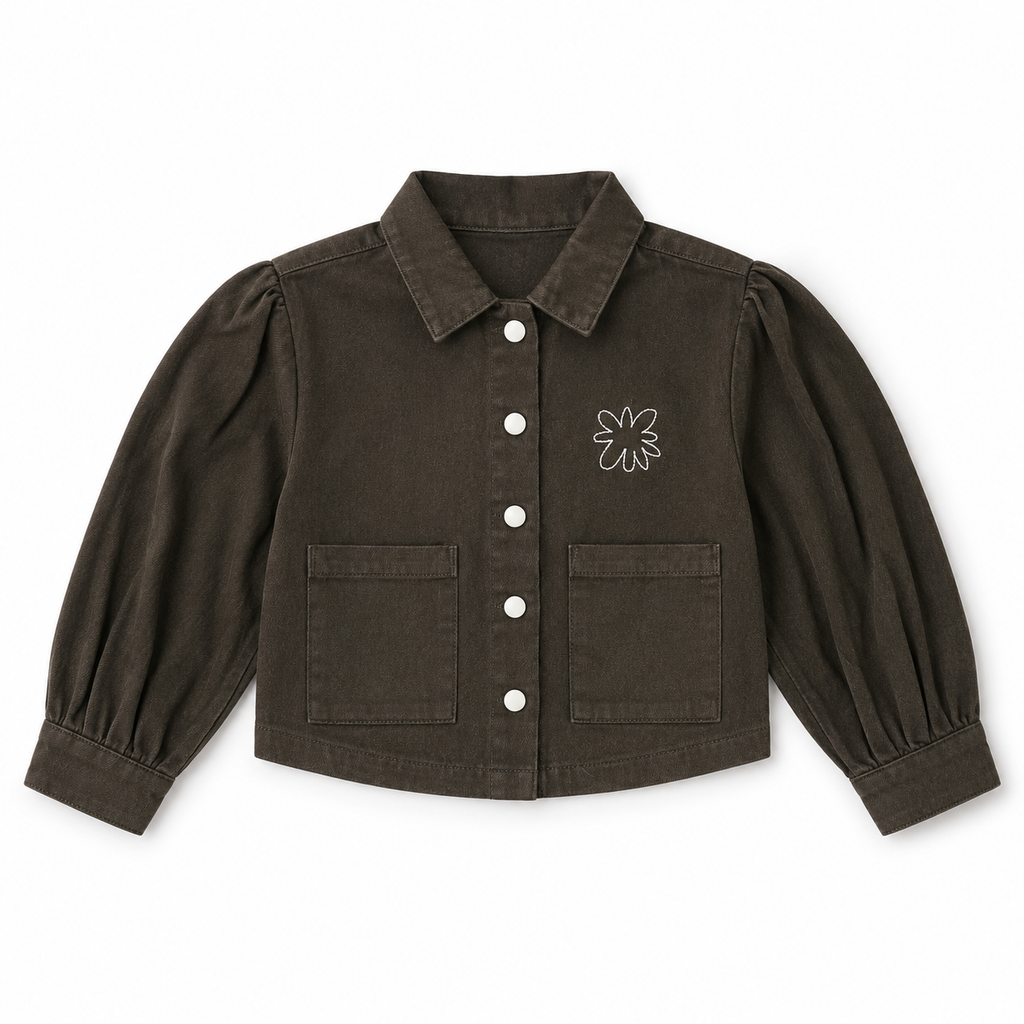 Girls’ Dark Brown Co-Ord Set with Puff-Sleeve Button-Down Top and Knee-Length Shorts
