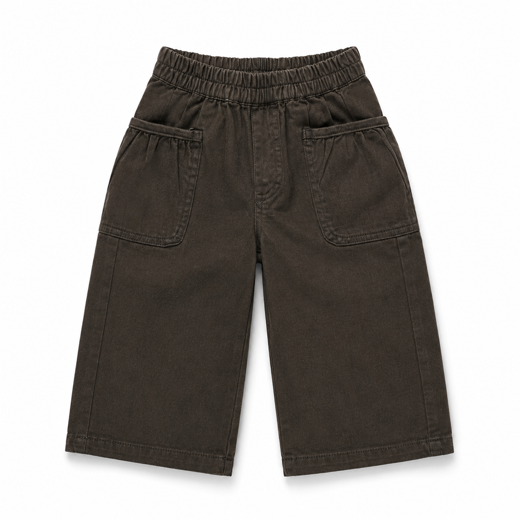 Girls’ Dark Brown Co-Ord Set with Puff-Sleeve Button-Down Top and Knee-Length Shorts