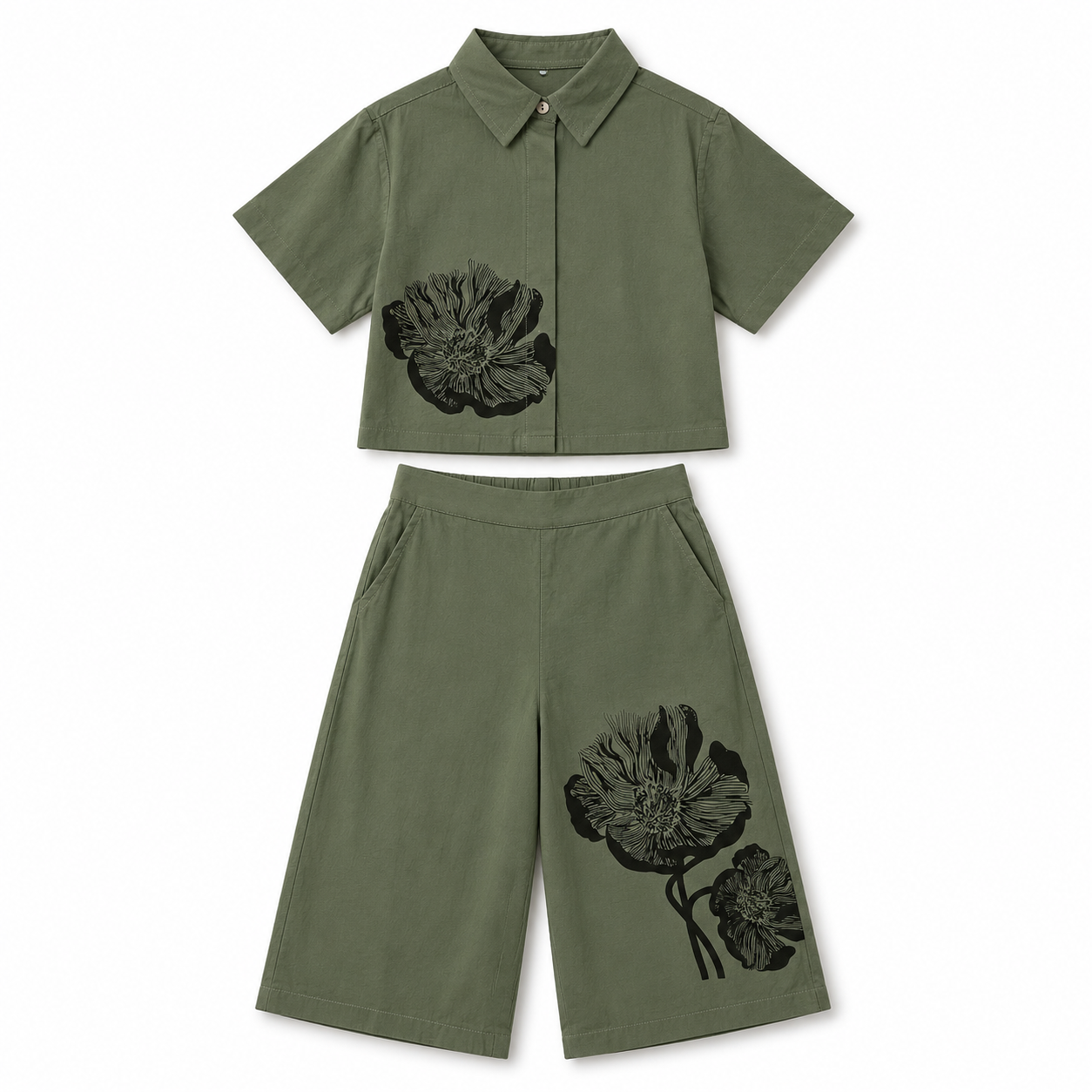 Girls’ Olive Green Floral Co-Ord Set with Cropped Shirt and Wide-Leg Pants