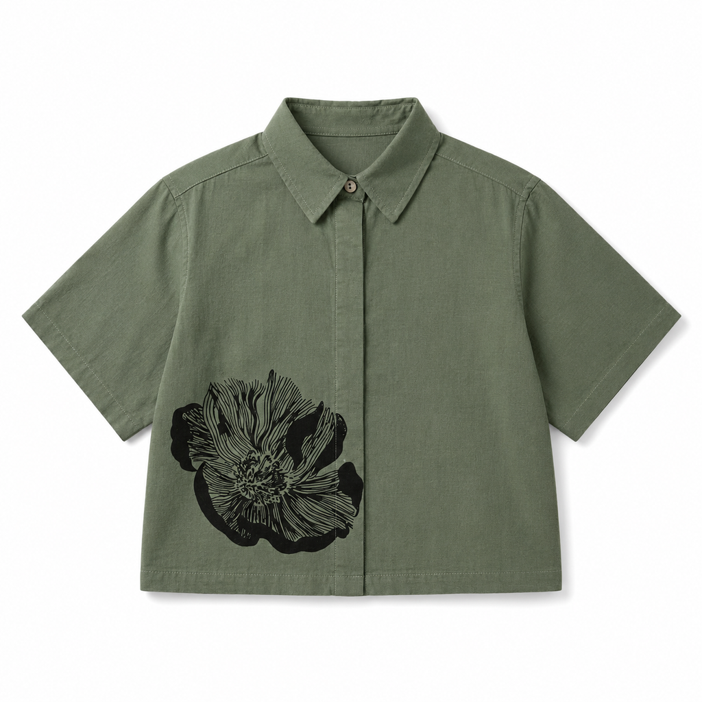 Girls’ Olive Green Floral Co-Ord Set with Cropped Shirt and Wide-Leg Pants