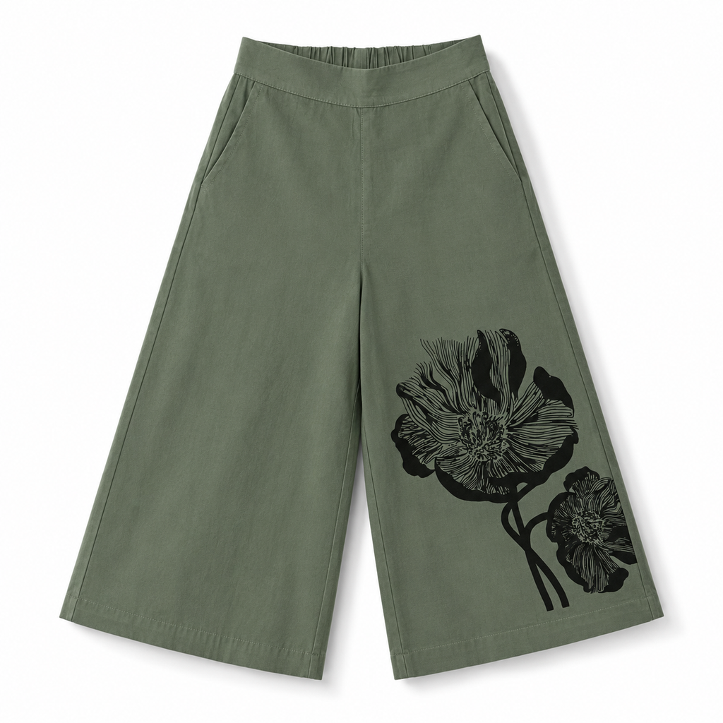 Girls’ Olive Green Floral Co-Ord Set with Cropped Shirt and Wide-Leg Pants